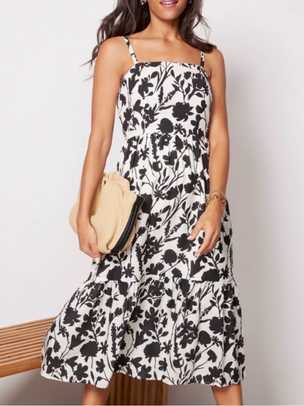 Evereve Remi Squareneck Dress Black & White Floral Midi Size Small